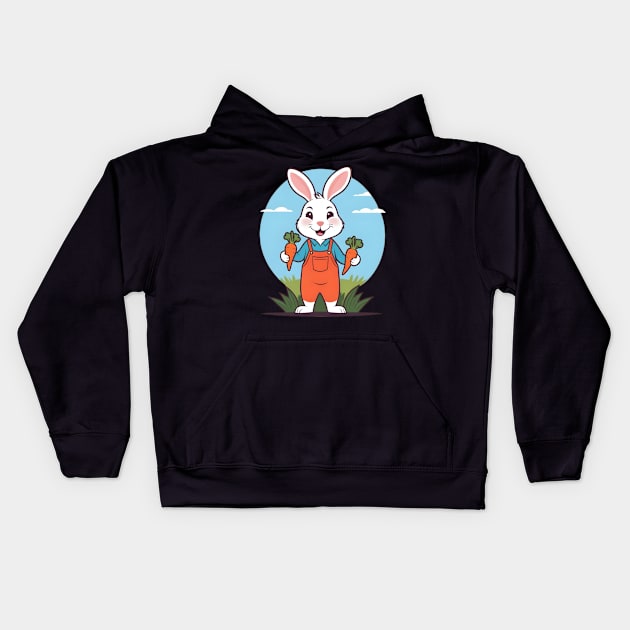 WHITE RABBIT IN THE GARDEN HARVESTING CARROTS Kids Hoodie by Ciervo Primavera